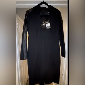 NWT- Nissa Black Cocktail dress with natural leather trim- dress size 16US